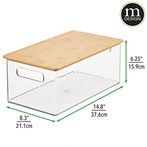 mDesign Plastic Stackable Storage Organizer Container Bin with Handles, Bamboo Wood Lid; for Kitchen, Pantry, Cabinet Organization; Holds Packaged Food, Snacks; Ligne Collection, 4 Pack, Clear/Natural