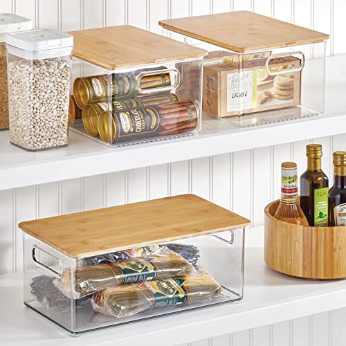 mDesign Plastic Stackable Storage Organizer Container Bin with Handles, Bamboo Wood Lid; for Kitchen, Pantry, Cabinet Organization; Holds Packaged Food, Snacks; Ligne Collection, 4 Pack, Clear/Natural