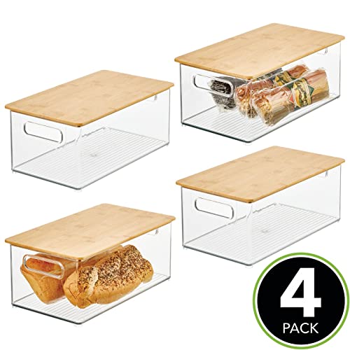 mDesign Plastic Stackable Storage Organizer Container Bin with Handles, Bamboo Wood Lid; for Kitchen, Pantry, Cabinet Organization; Holds Packaged Food, Snacks; Ligne Collection, 4 Pack, Clear/Natural