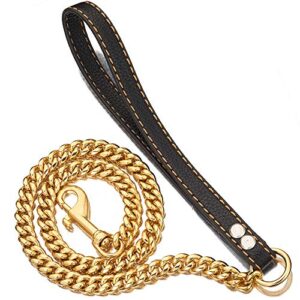 PRADOG Chain Dog Leash Metal Chew Proof 12MM Pet Leash Chain with Leather Padded Handle for Large Medium Small Dogs(Total Length of 3ft)