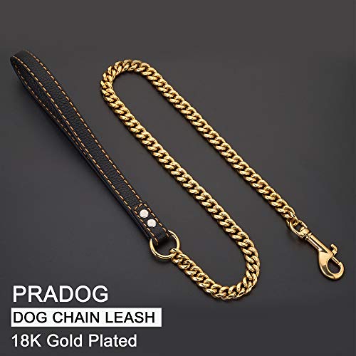 PRADOG Chain Dog Leash Metal Chew Proof 12MM Pet Leash Chain with Leather Padded Handle for Large Medium Small Dogs(Total Length of 3ft)