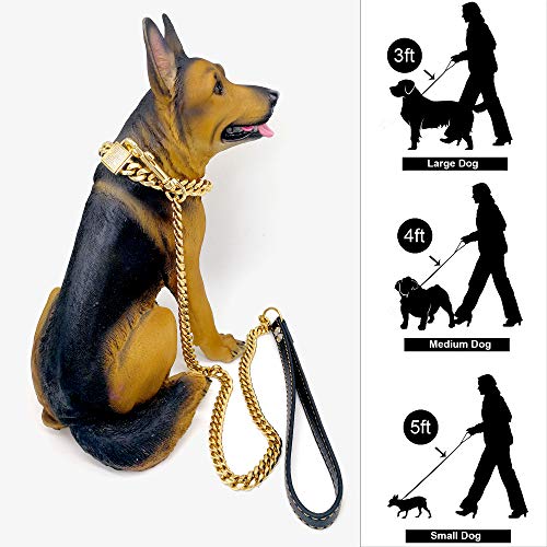 PRADOG Chain Dog Leash Metal Chew Proof 12MM Pet Leash Chain with Leather Padded Handle for Large Medium Small Dogs(Total Length of 3ft)