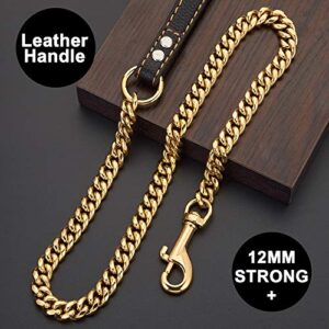 PRADOG Chain Dog Leash Metal Chew Proof 12MM Pet Leash Chain with Leather Padded Handle for Large Medium Small Dogs(Total Length of 3ft)