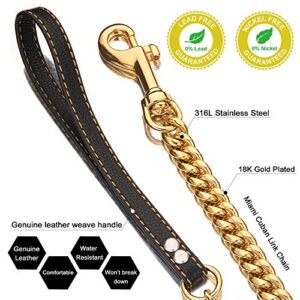 PRADOG Chain Dog Leash Metal Chew Proof 12MM Pet Leash Chain with Leather Padded Handle for Large Medium Small Dogs(Total Length of 3ft)