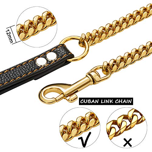 PRADOG Chain Dog Leash Metal Chew Proof 12MM Pet Leash Chain with Leather Padded Handle for Large Medium Small Dogs(Total Length of 3ft)