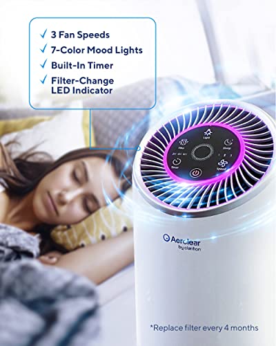 Clarifion AerClear - Air Purifier for Home, 3-Stage Filtration System with HEPA Filter Helps With Dust, Pets, Smoke, Pollen, 7 Night Light Mode, Low Noise