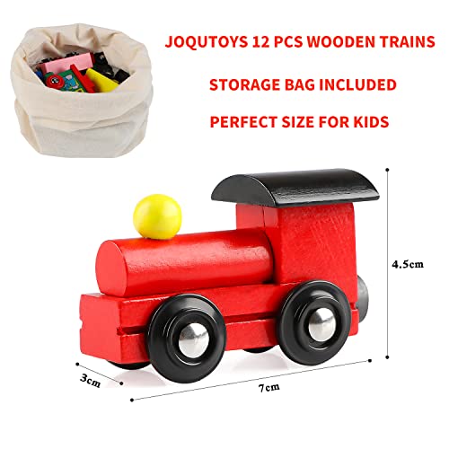 Joqutoys 12 PCS Wooden Train Cars, Train Toys Magnetic Set Includes 3 Engines and Storage Bag, Toy Train Sets for Kids Toddler Boys and Girls, Compatible with Major Brands Train Tracks Set
