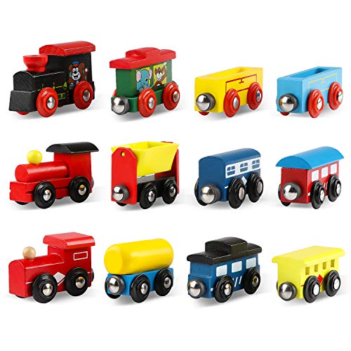 Joqutoys 12 PCS Wooden Train Cars, Train Toys Magnetic Set Includes 3 Engines and Storage Bag, Toy Train Sets for Kids Toddler Boys and Girls, Compatible with Major Brands Train Tracks Set