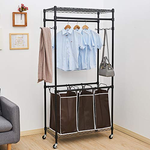 aruoquan Mobile 3-Bag Laundry Sorter Hamper Heavy Duty Clothes Rack Hanging Rolling Laundry Cart with Wheels Rod Garment Rack Double Metal Height Adjustable Shelves