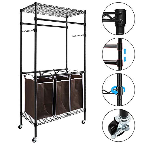 aruoquan Mobile 3-Bag Laundry Sorter Hamper Heavy Duty Clothes Rack Hanging Rolling Laundry Cart with Wheels Rod Garment Rack Double Metal Height Adjustable Shelves
