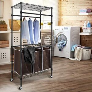 aruoquan Mobile 3-Bag Laundry Sorter Hamper Heavy Duty Clothes Rack Hanging Rolling Laundry Cart with Wheels Rod Garment Rack Double Metal Height Adjustable Shelves