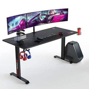 seven warrior gaming desk 60 inch, t- shaped carbon fiber surface computer desk with full desk mouse pad, ergonomic e-sport style gamer desk with double headphone hook, usb gaming rack, cup holder