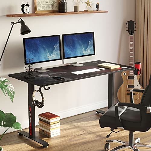 SEVEN WARRIOR Gaming Desk 60 INCH, T- Shaped Carbon Fiber Surface Computer Desk with Full Desk Mouse Pad, Ergonomic E-Sport Style Gamer Desk with Double Headphone Hook, USB Gaming Rack, Cup Holder