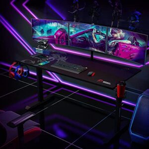 SEVEN WARRIOR Gaming Desk 60 INCH, T- Shaped Carbon Fiber Surface Computer Desk with Full Desk Mouse Pad, Ergonomic E-Sport Style Gamer Desk with Double Headphone Hook, USB Gaming Rack, Cup Holder