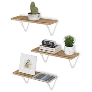 wallniture colmar wood floating shelves for wall storage, wall shelves for living room decor, burned finish plant shelf with white shelves brackets, set of 3