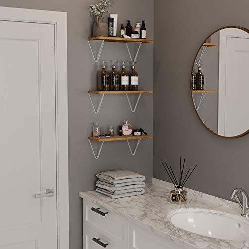 Wallniture Colmar Wood Floating Shelves for Wall Storage, Wall Shelves for Living Room Decor, Burned Finish Plant Shelf with White Shelves Brackets, Set of 3