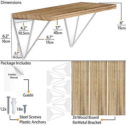 Wallniture Colmar Wood Floating Shelves for Wall Storage, Wall Shelves for Living Room Decor, Burned Finish Plant Shelf with White Shelves Brackets, Set of 3