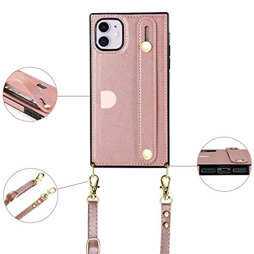 KIHUWEY iPhone 11 Crossbody Wallet Case with Credit Card Holder,Protective Kickstand Cover Case for iPhone 11 6.1 Inch (Rose Gold)