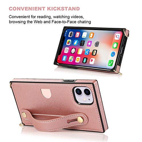 KIHUWEY iPhone 11 Crossbody Wallet Case with Credit Card Holder,Protective Kickstand Cover Case for iPhone 11 6.1 Inch (Rose Gold)