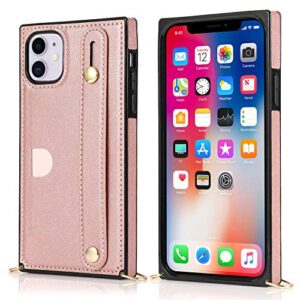 KIHUWEY iPhone 11 Crossbody Wallet Case with Credit Card Holder,Protective Kickstand Cover Case for iPhone 11 6.1 Inch (Rose Gold)