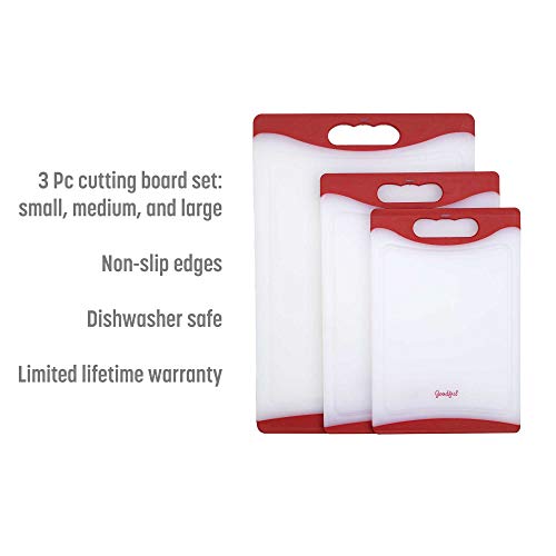 Goodful Cutting Board (3 Piece Set)- Non-Slip Edges, Easy Grip Handles, Made without BPA, Non-Porous, Dishwasher Safe, Multiple Sizes, Red