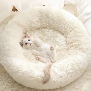 gavenia cat beds for indoor cats,20’’x20’’ washable donut cat and dog bed,soft plush pet cushion,waterproof bottom fluffy dog and cat calming and self-warming bed for sleep improvement,white