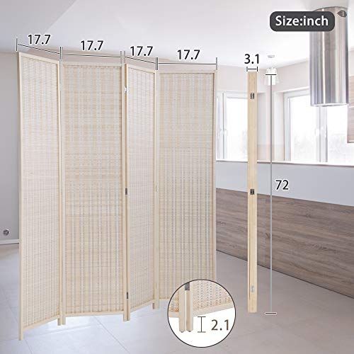 Room Divider Privacy Screen Folding 4 Panel 72 Inches High Portable Room Seperating Divider, Handwork Bamboo Mesh Woven Design Room Divider Wall, Room Partitions and Dividers Freestanding, Natural