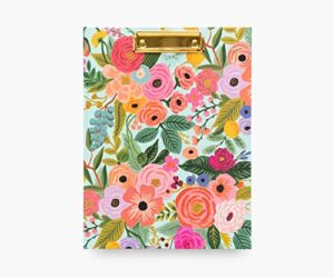rifle paper co. garden party clipfolio, illustrated hardcover and contrasting interior, features strong gold clip on the front, comes with writing pad with 50 lined, perforated sheets
