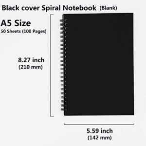 Wotion A5 Black Spiral Notebook Blank Sketchbook Unruled Journal Pack,Thick Blank Paper 50 Sheet 100 Unlined Pages 5.59“ x 8.27” 5 Pack…