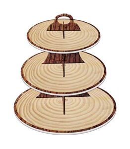 wood-grain 3-tier cardboard cupcake stand/tower | wild one, woodland animal baby shower decorations, camp-fire party supplies, lumberjack theme birthday decor, western cowboy/cowgirl birthday parties