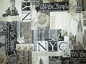 nyc new york city landmarks statue of liberty stamps tan cotton fabric size;1/4 yard(18x22)
