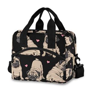 sinestour insulated lunch bag reusable cooler - pug puppies and pink hearts lunch box adjustable shoulder strap for school office picnic adults men women