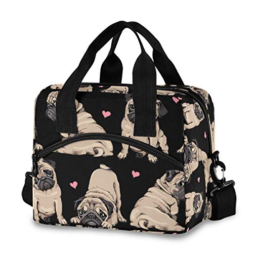 Sinestour Insulated Lunch Bag Reusable Cooler - Pug Puppies And Pink Hearts Lunch Box Adjustable Shoulder Strap for School Office Picnic Adults Men Women