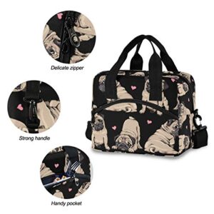 Sinestour Insulated Lunch Bag Reusable Cooler - Pug Puppies And Pink Hearts Lunch Box Adjustable Shoulder Strap for School Office Picnic Adults Men Women