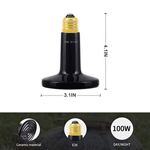 100W Infrared Ceramic Heat Emitter Reptile Heat Lamp Bulb for Amphibian,Pet Brooder Lizard Coop Snake Chicken Aquarium Turtle, No Light Emitting Heater-Black-2 Pack