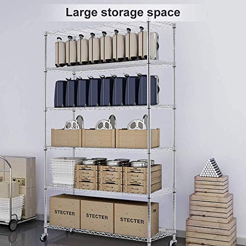 6 Tier Wire Shelving Unit Rack NSF Heavy Duty Height Adjustable Storage Shelf Metal Shelving with Wheels/Feet Levelers for Garage Rack Kitchen Rack Office Rack Commercial Shelving Chrome - 18"x48"x82"