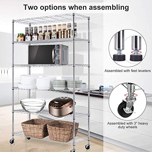 6 Tier Wire Shelving Unit Rack NSF Heavy Duty Height Adjustable Storage Shelf Metal Shelving with Wheels/Feet Levelers for Garage Rack Kitchen Rack Office Rack Commercial Shelving Chrome - 18"x48"x82"