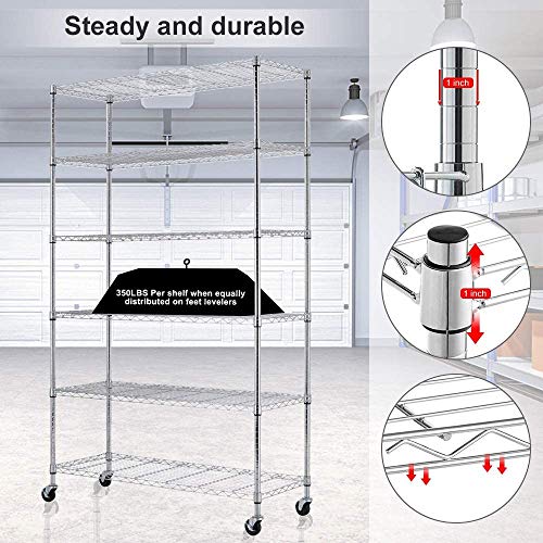 6 Tier Wire Shelving Unit Rack NSF Heavy Duty Height Adjustable Storage Shelf Metal Shelving with Wheels/Feet Levelers for Garage Rack Kitchen Rack Office Rack Commercial Shelving Chrome - 18"x48"x82"