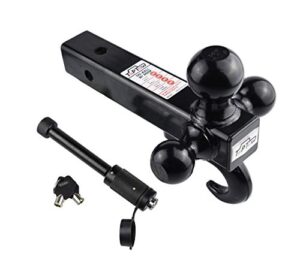 toptow 64181hl trailer receiver hitch triple ball mount with hook, black balls, with black dogbone trailer hitch lock, fits for 2 inch receiver
