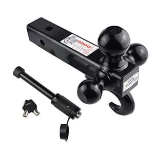 TOPTOW 64181HL Trailer Receiver Hitch Triple Ball Mount with Hook, Black Balls, with Black Dogbone Trailer Hitch Lock, Fits for 2 inch Receiver