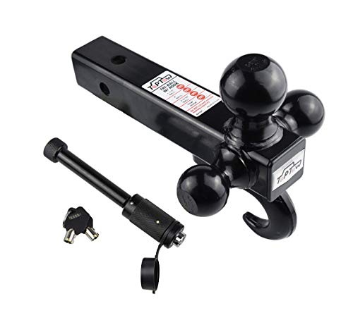 TOPTOW 64181HL Trailer Receiver Hitch Triple Ball Mount with Hook, Black Balls, with Black Dogbone Trailer Hitch Lock, Fits for 2 inch Receiver