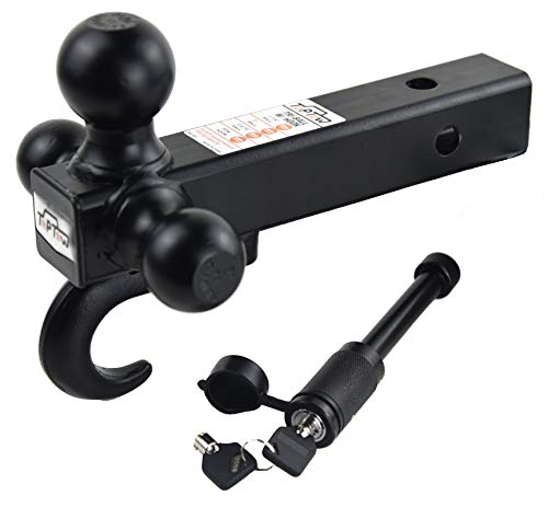 TOPTOW 64181HL Trailer Receiver Hitch Triple Ball Mount with Hook, Black Balls, with Black Dogbone Trailer Hitch Lock, Fits for 2 inch Receiver