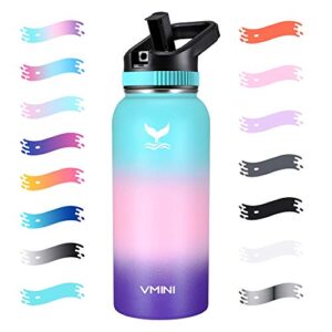 vmini water bottle with straw, wide sturdy straw lid with dust proof cap, wide mouth vacuum insulated stainless steel water bottle, gradient mint+pink+purple, 32 oz