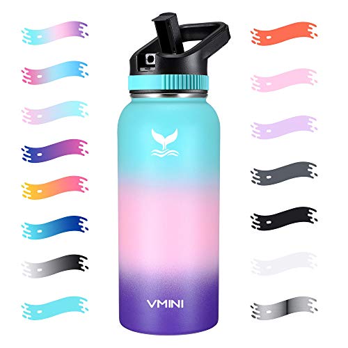 Vmini Water Bottle with Straw, Wide Sturdy Straw Lid with Dust Proof Cap, Wide Mouth Vacuum Insulated Stainless Steel Water Bottle, Gradient Mint+Pink+Purple, 32 oz