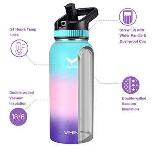 Vmini Water Bottle with Straw, Wide Sturdy Straw Lid with Dust Proof Cap, Wide Mouth Vacuum Insulated Stainless Steel Water Bottle, Gradient Mint+Pink+Purple, 32 oz