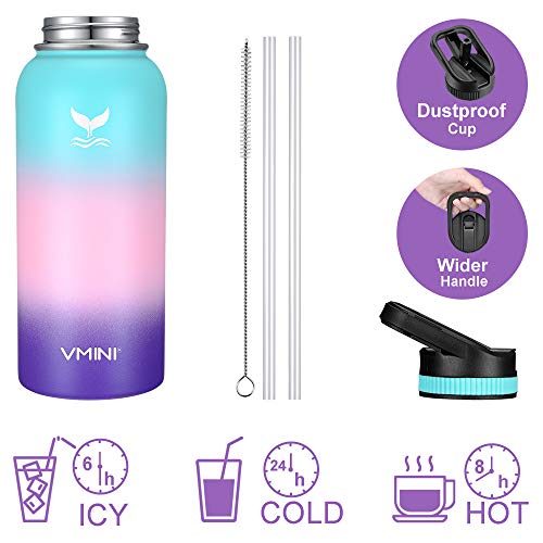 Vmini Water Bottle with Straw, Wide Sturdy Straw Lid with Dust Proof Cap, Wide Mouth Vacuum Insulated Stainless Steel Water Bottle, Gradient Mint+Pink+Purple, 32 oz