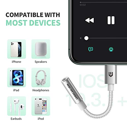 UNBREAKcable Headphones Adapter for iPhone, MFi Certified Lightning to 3.5mm Jack Converter with Newest Apple Original Chip Compatible for iPhone 14/13/12/11/Pro/SE/Xs MAX/XR/X/8/iPad/iPod - Silvery