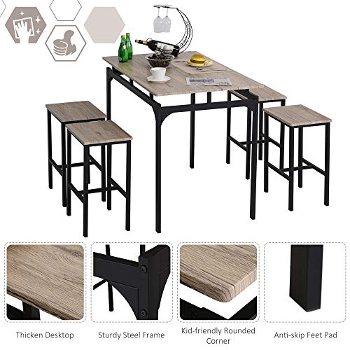 HOMCOM 5 Piece Modern Dining Table and 4 Stools Industrial Dining Set with Footrest & Metal Legs, for Kitchen, Natural