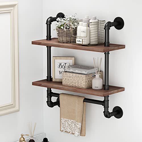 Industrial Bathroom Shelves Rustic Wood Shelves with Towel Bar 24" Farmhouse Shelf for Wall Pipe Shelving-2 Layer