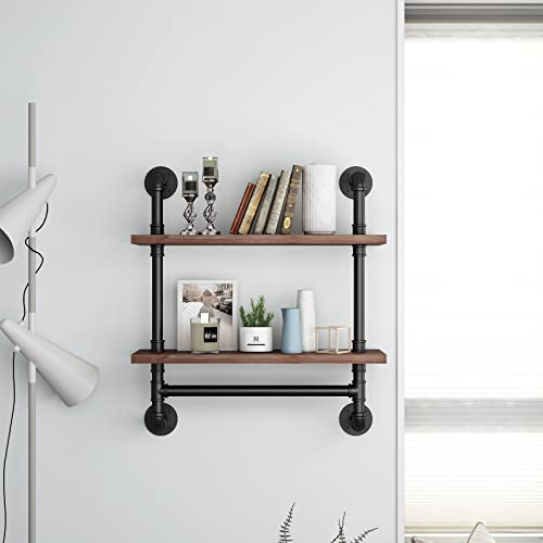 Industrial Bathroom Shelves Rustic Wood Shelves with Towel Bar 24" Farmhouse Shelf for Wall Pipe Shelving-2 Layer